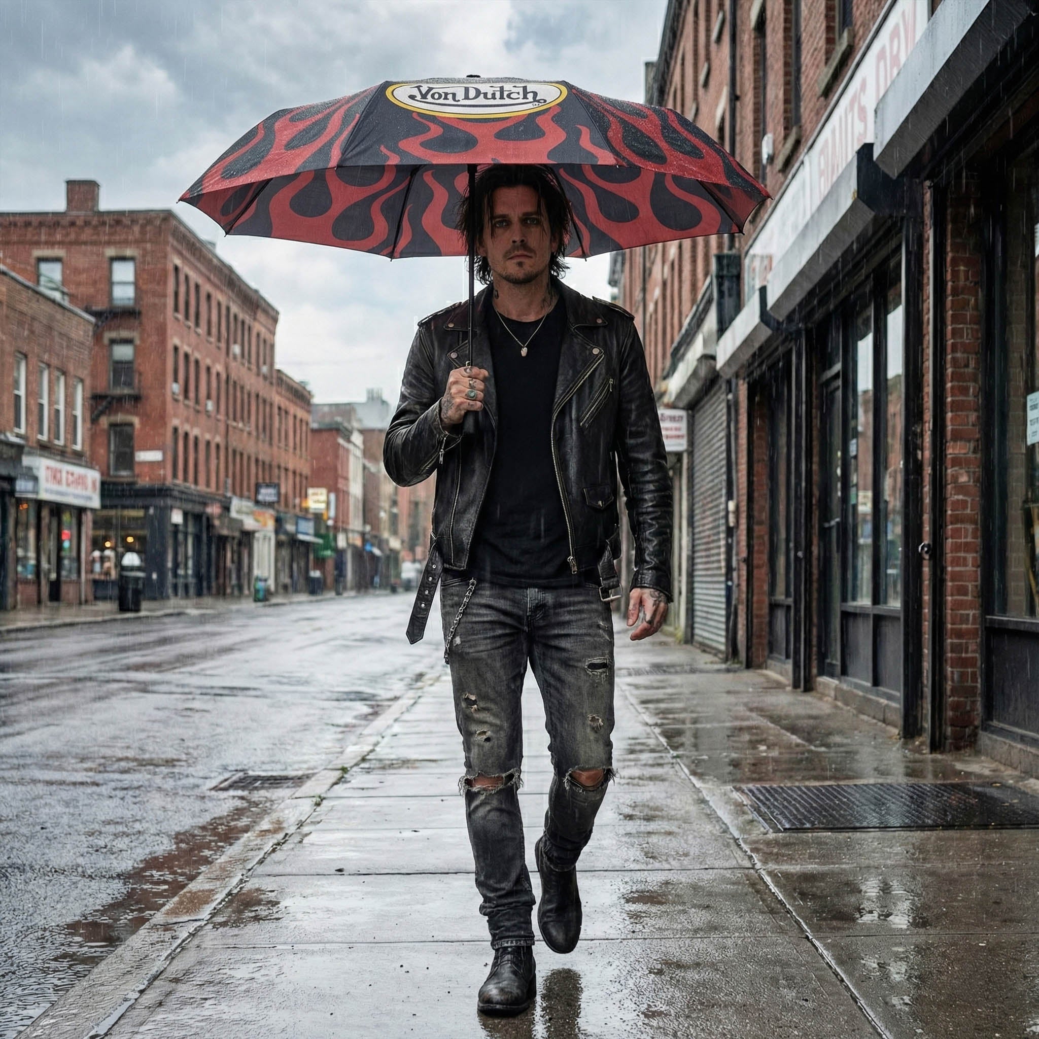Man walking on a city street holding a Von Dutch umbrella