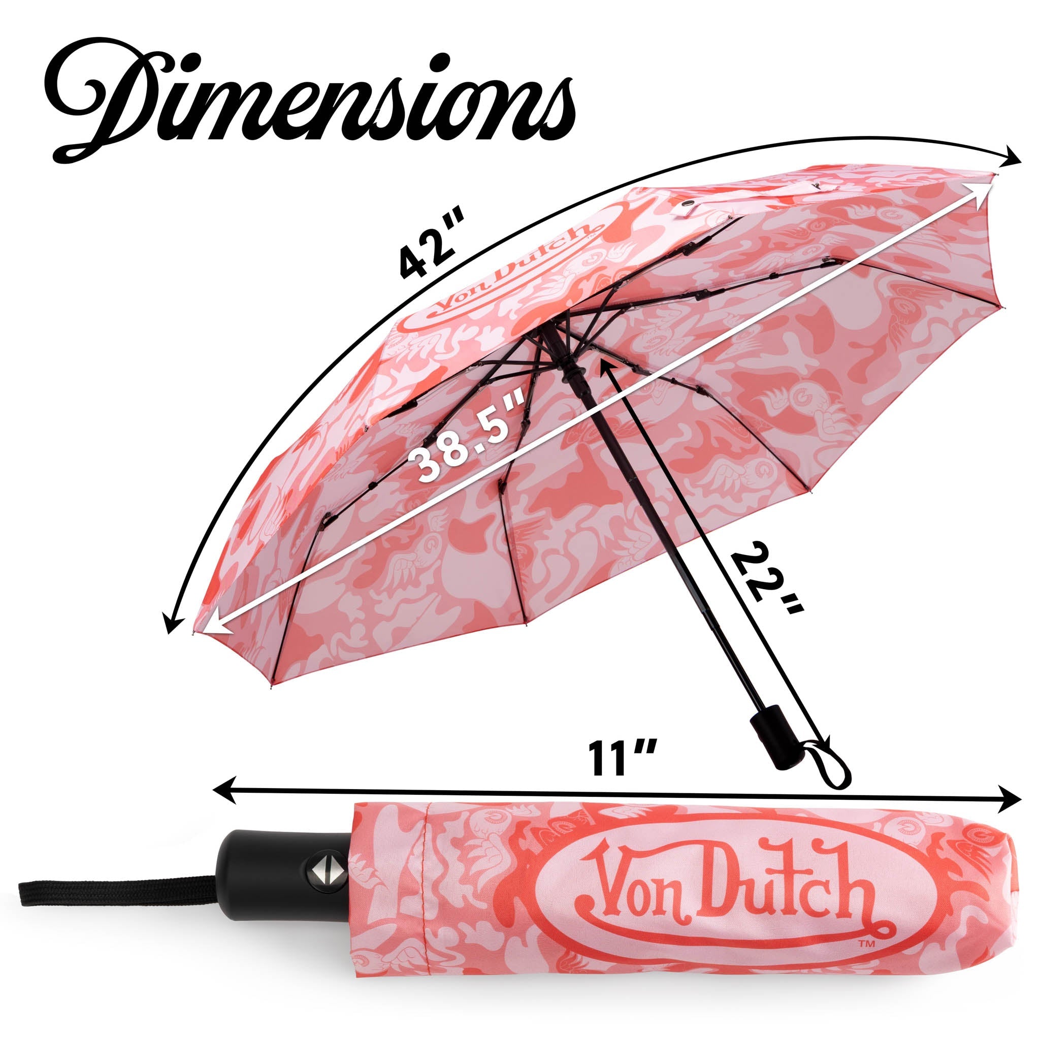 Pink floral umbrella with dimensions labeled and 'Von Dutch' branding.