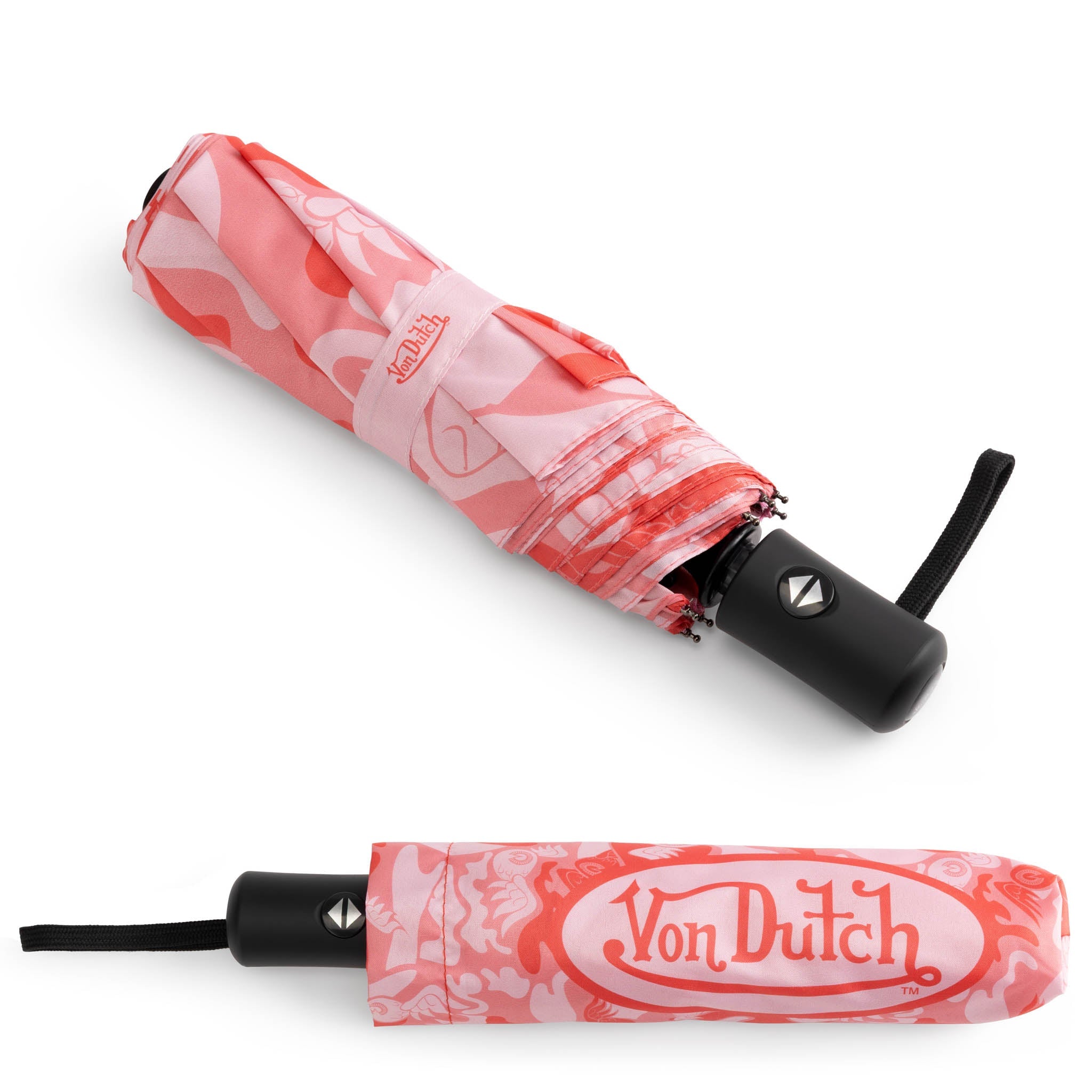 Foldable umbrella with red and white design and 'Von Dutch' branding on a white background