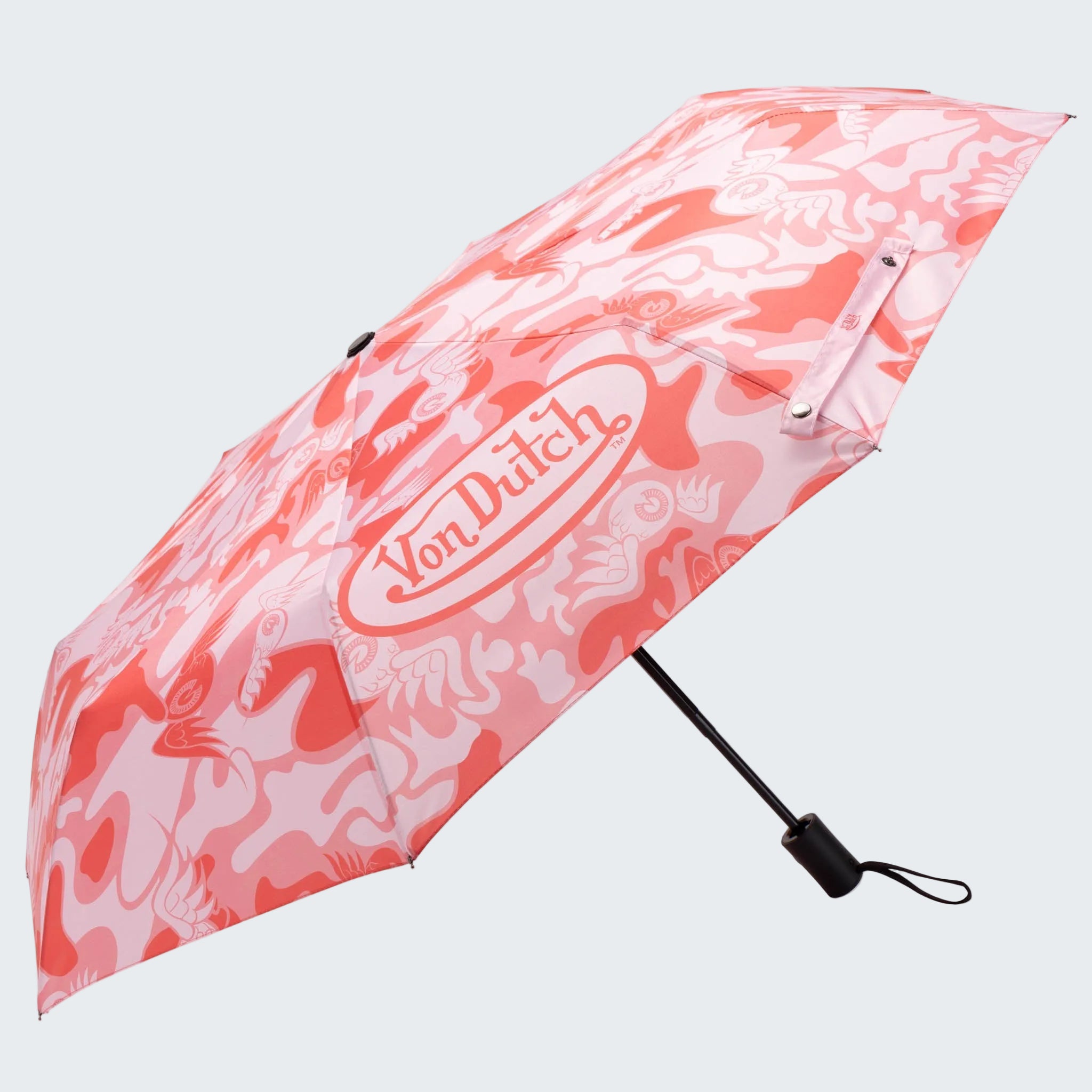 Pink and white patterned umbrella with 'Von Dutch' logo on a white background