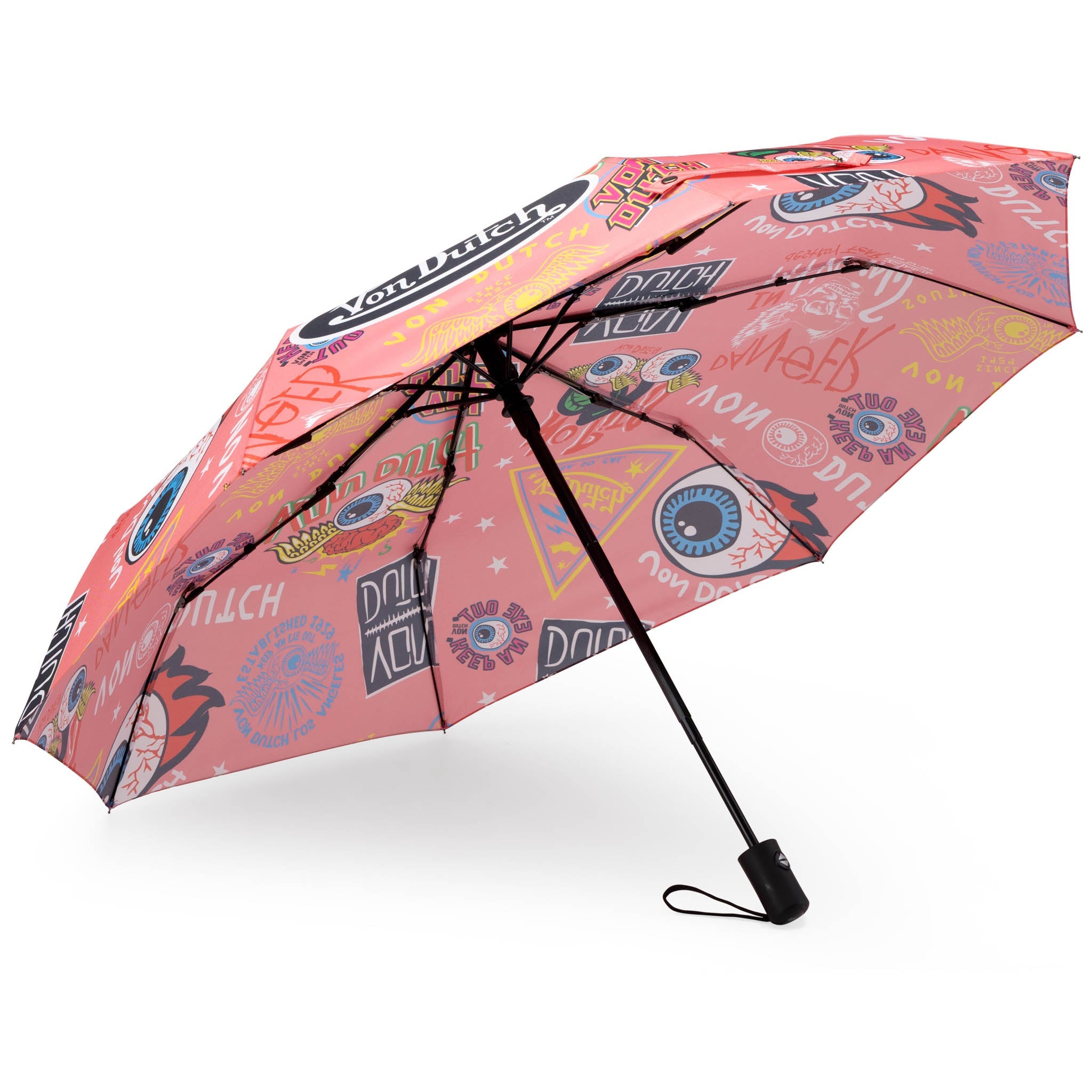 Pink umbrella with graphic design on a white background