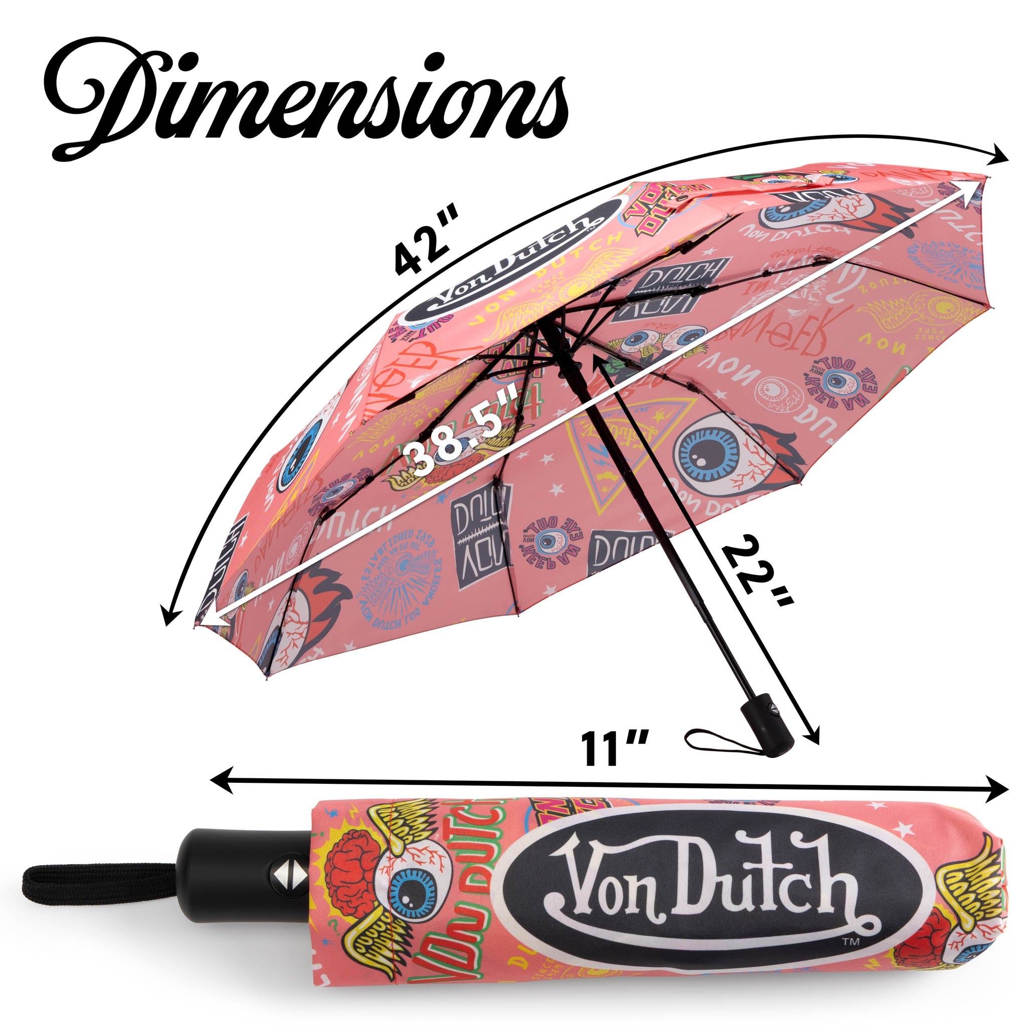Von Dutch umbrella with measurements on a white background