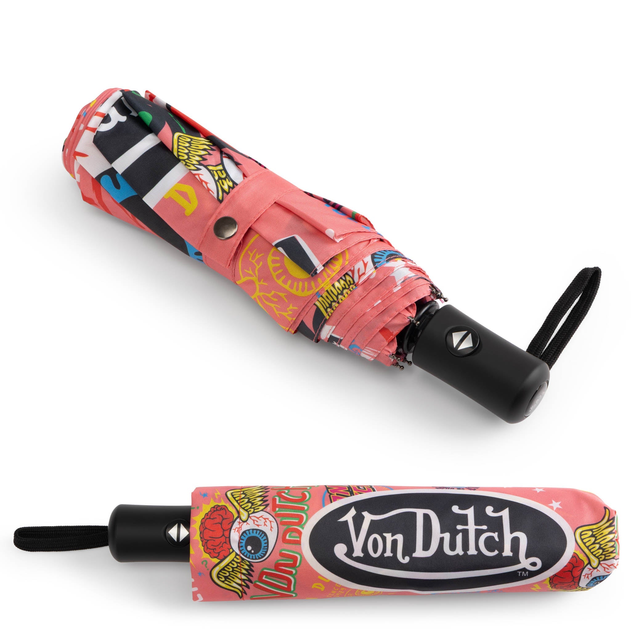 Colorful umbrella with 'Von Dutch' branding on a white background