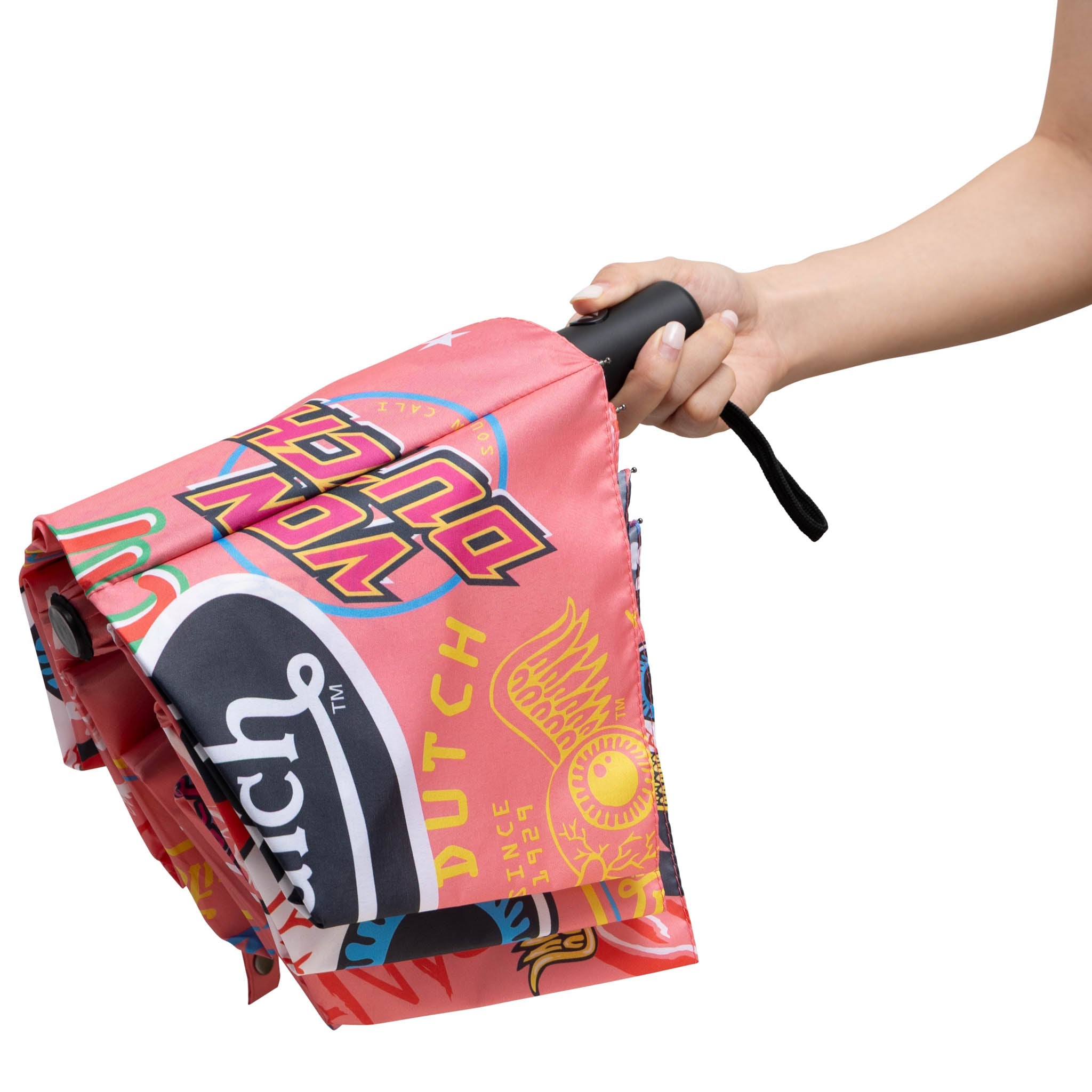 Colorful umbrella with visible branding held by a hand on a white background