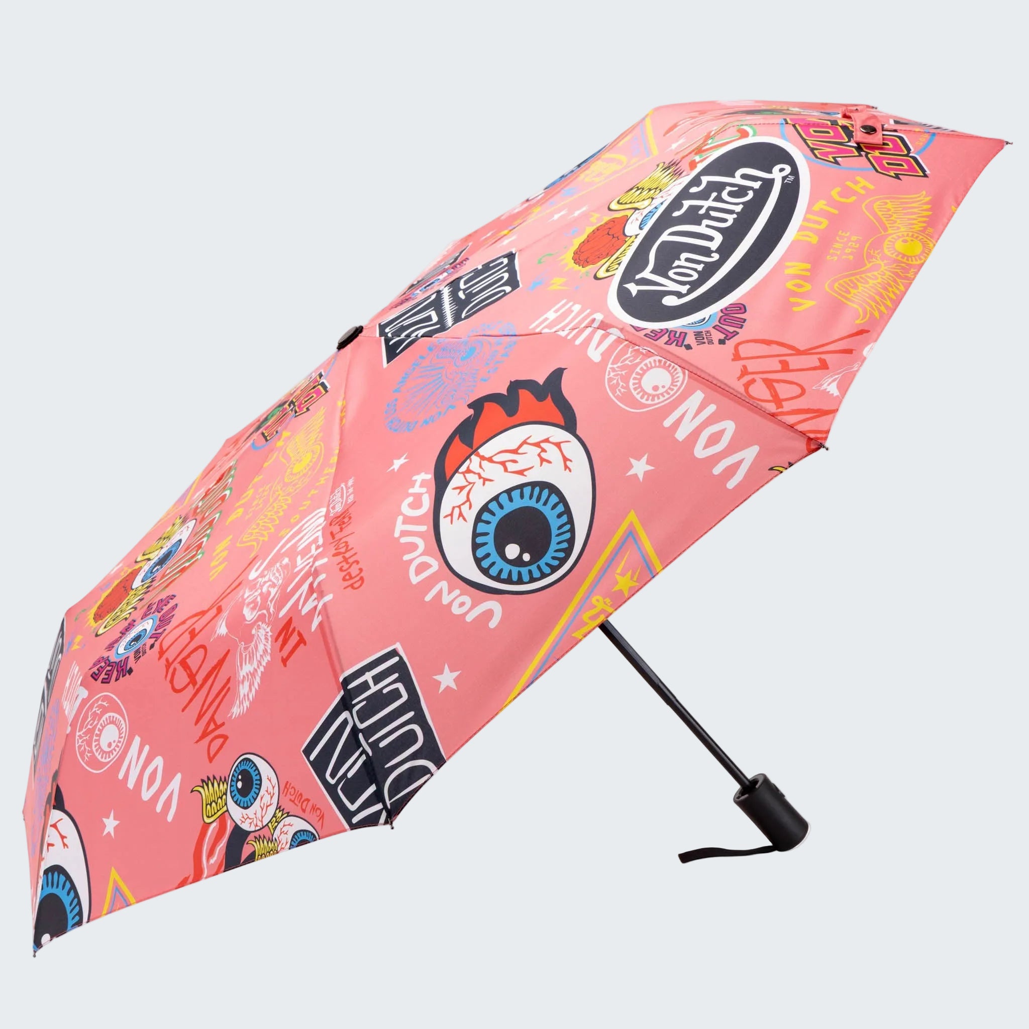 Colorful umbrella with graphic design on a white background