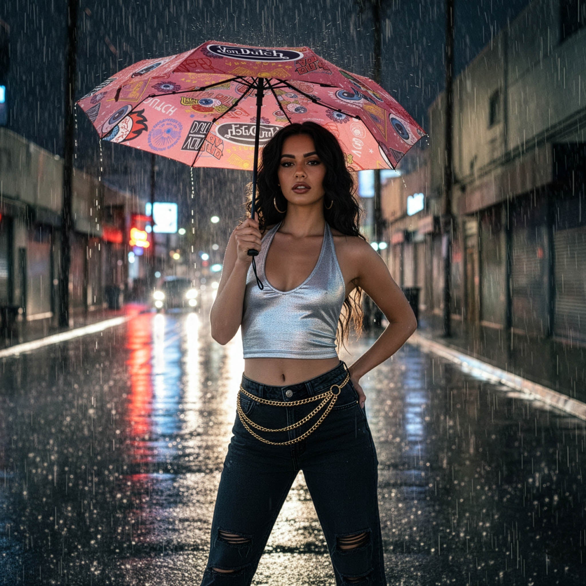 Woman holding a colorful umbrella on a rainy city street