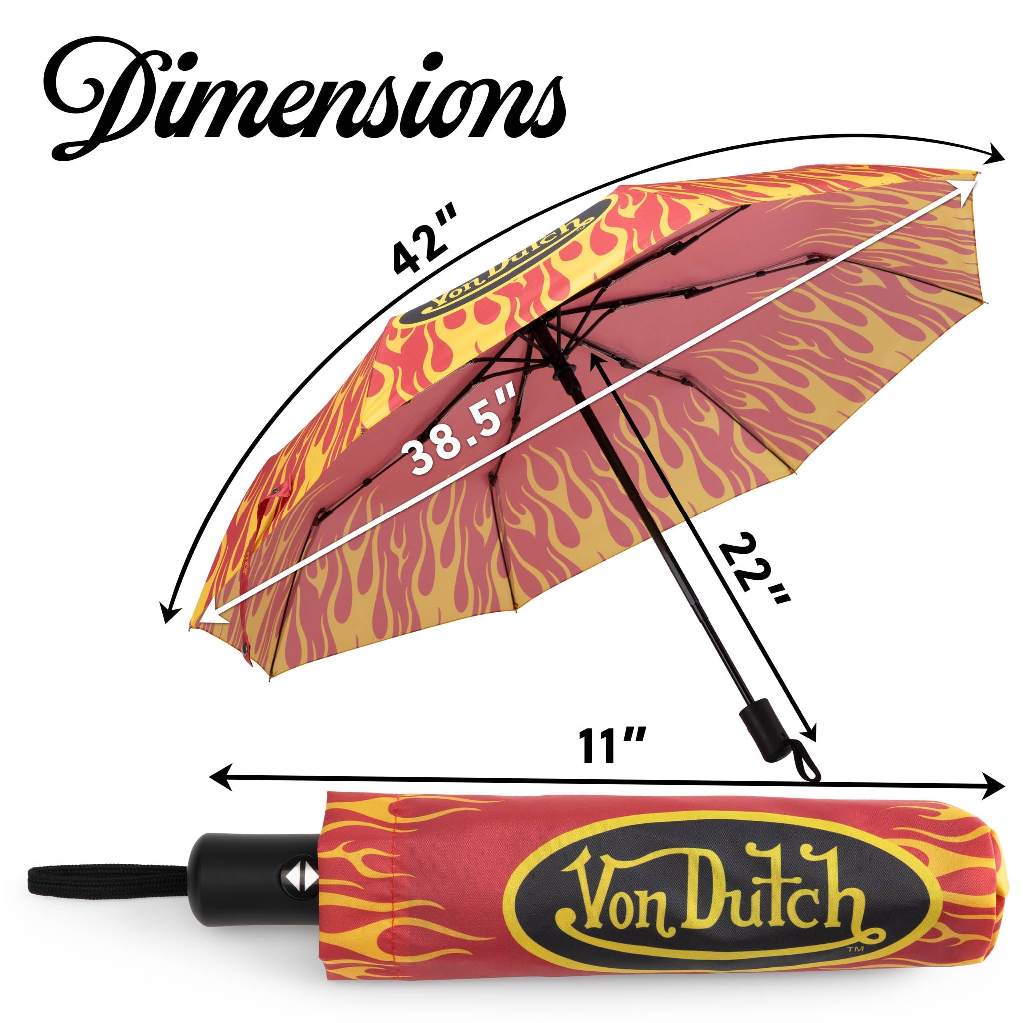 Von Dutch umbrella with measurements on a white background