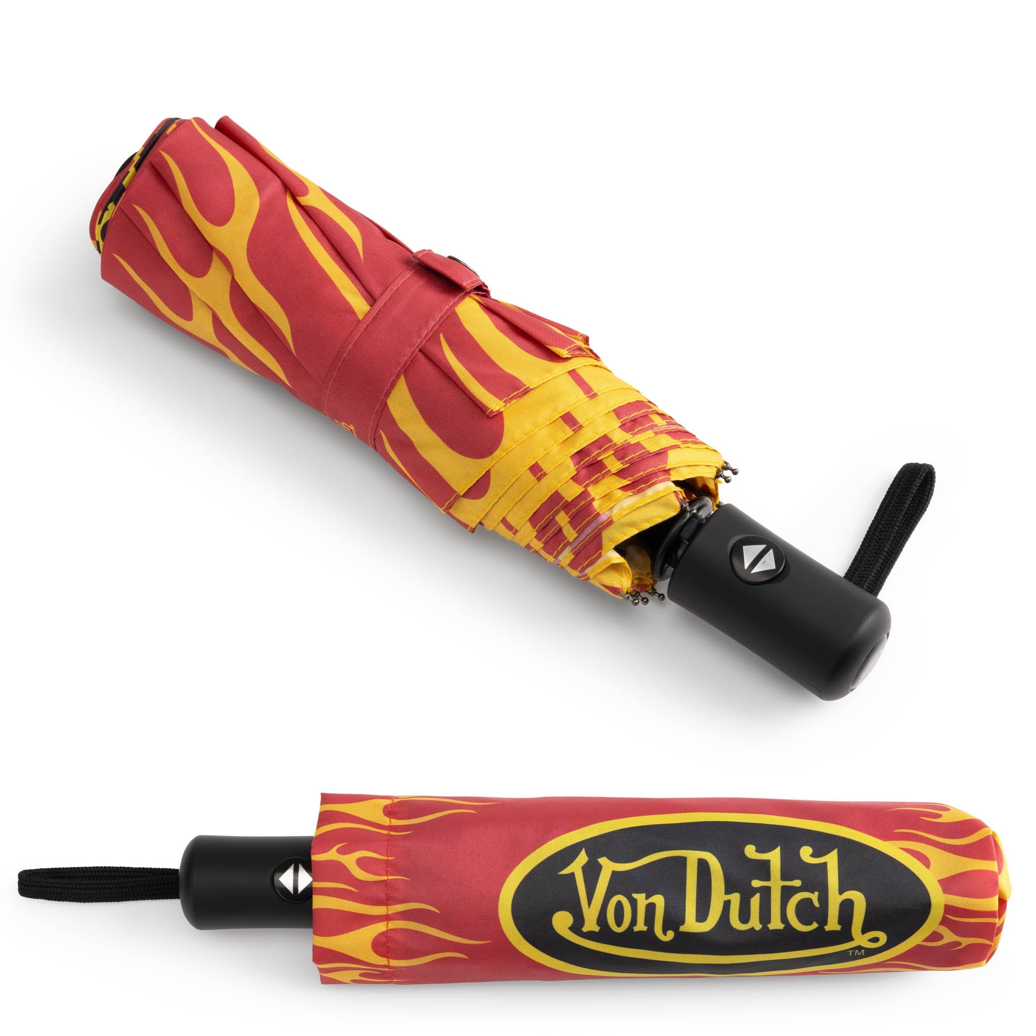 Foldable umbrella with flame pattern and Von Dutch branding on a white background
