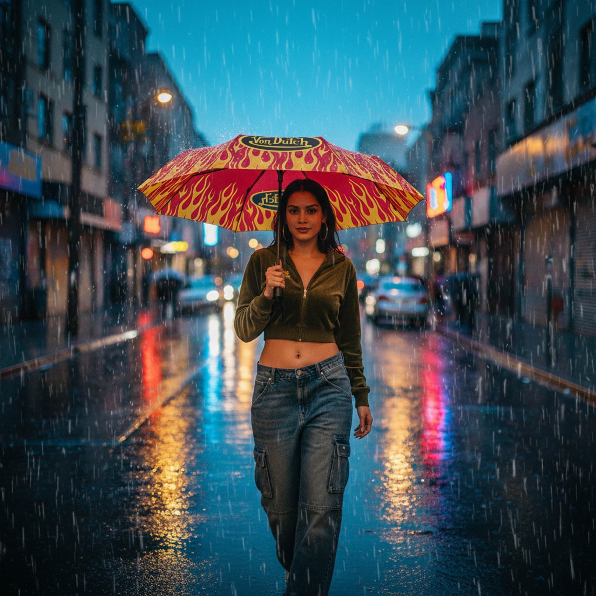 Woman walking on a rain-soaked street holding a colorful umbrella.