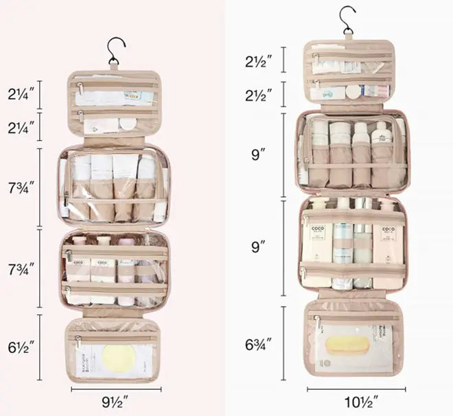 Beige hanging travel organizer with cosmetic items and measurements on a white background