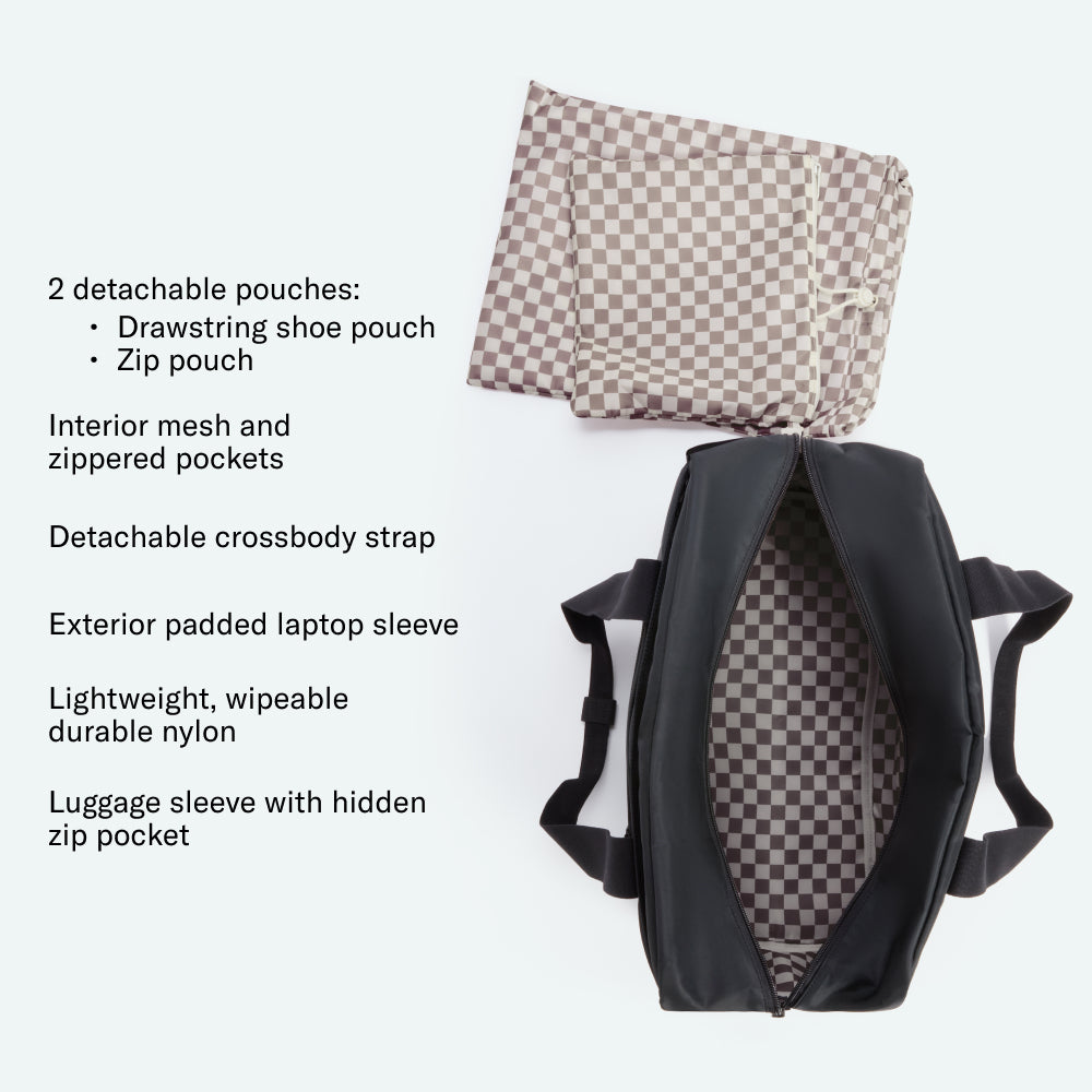 Black backpack with checkered interior and features listed on a white background