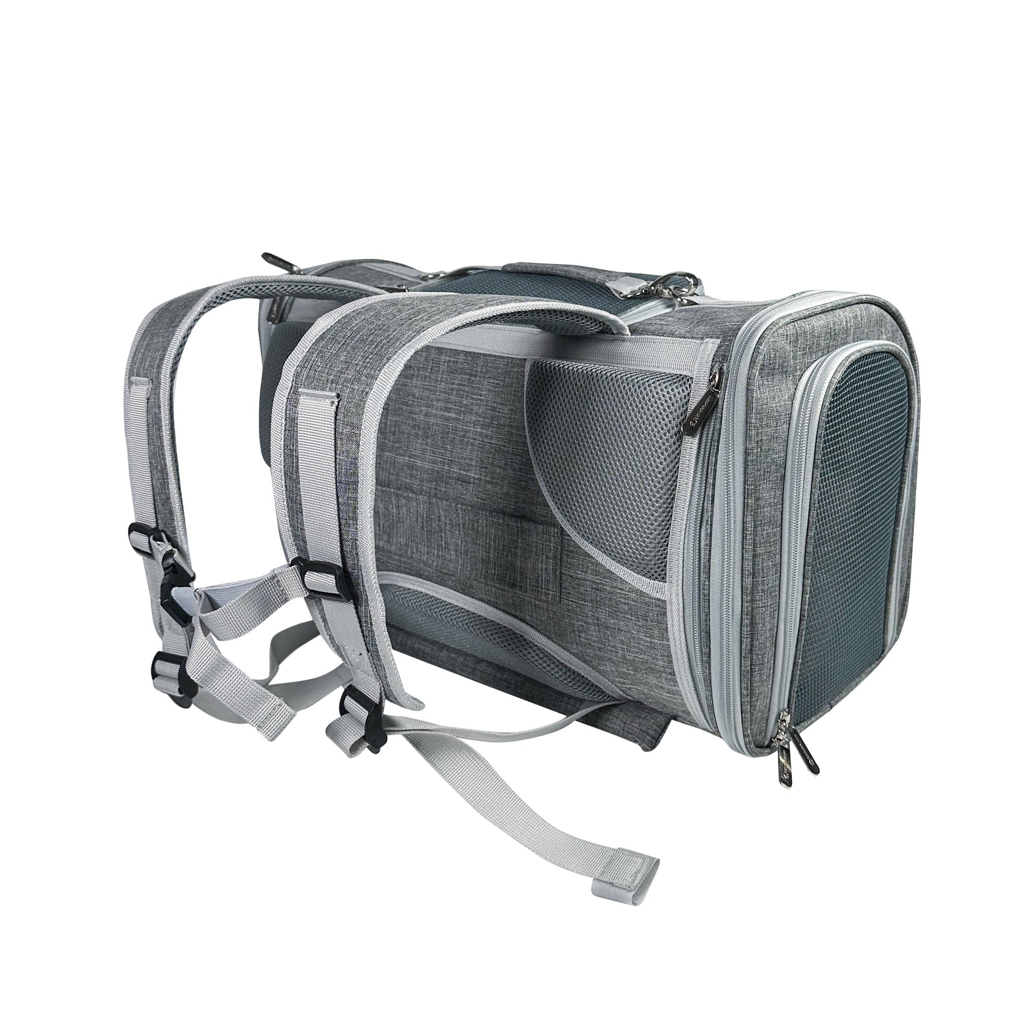 Gray pet carrier with straps on a white background
