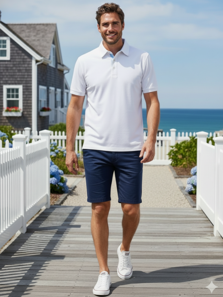 Man in white polo shirt and navy shorts standing on a wooden deck with ocean view