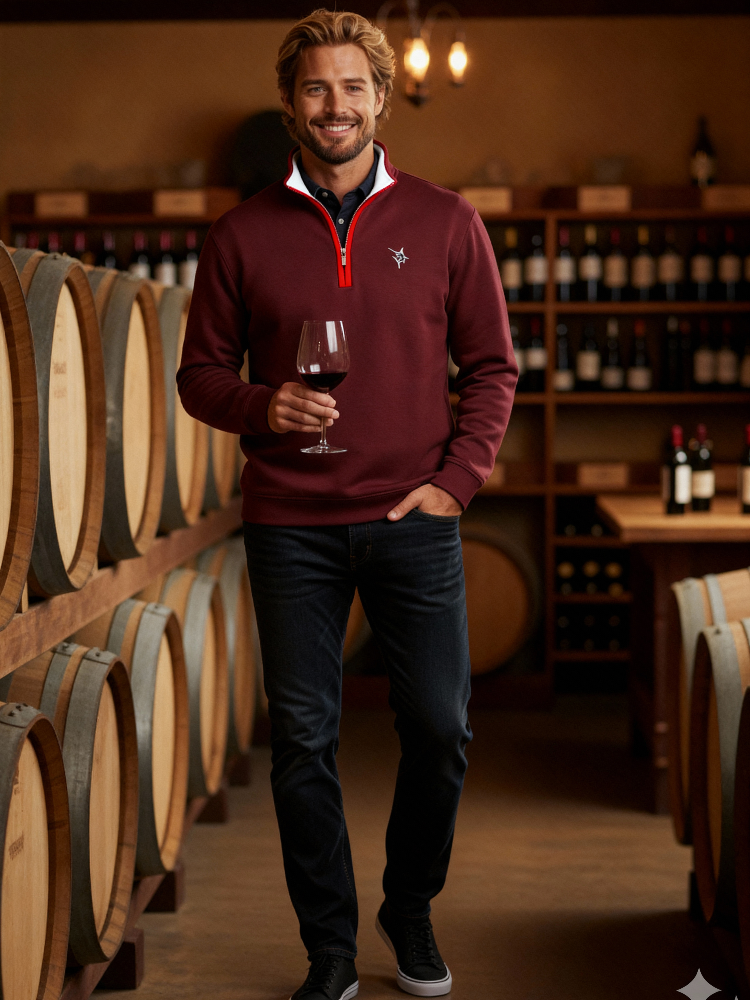 Man holding a glass of red wine in a wine cellar