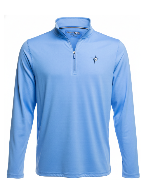 Light blue long-sleeve pullover with a small logo on a white background