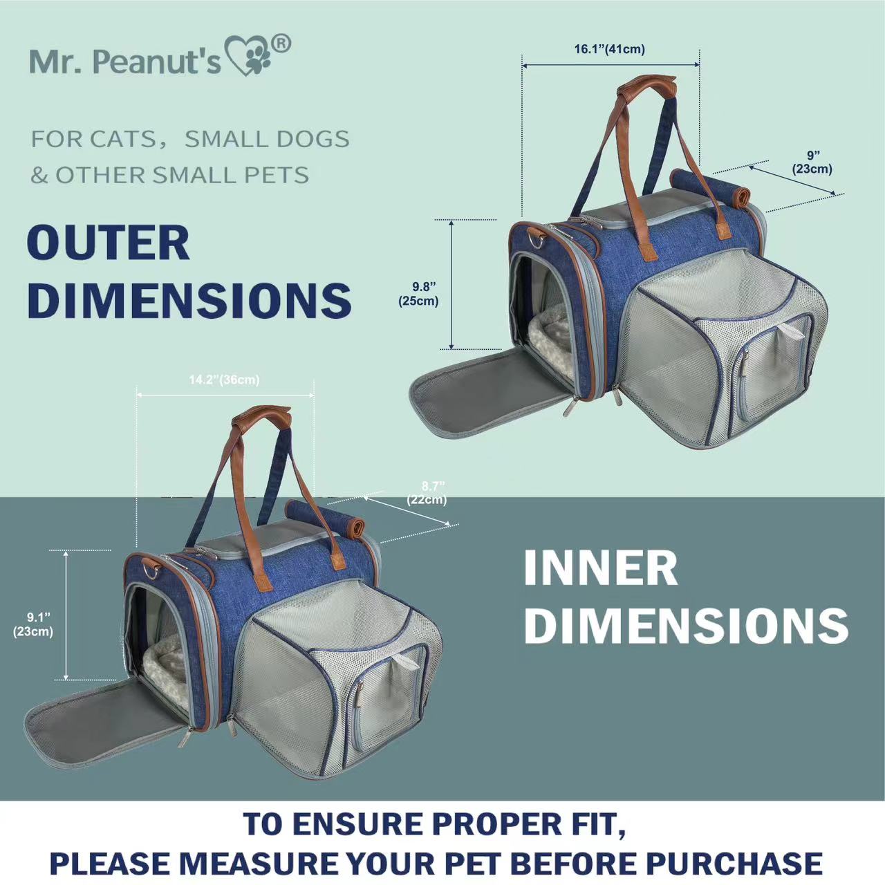 Pet carrier with dimensions labeled, featuring Mr. Peanut's branding.