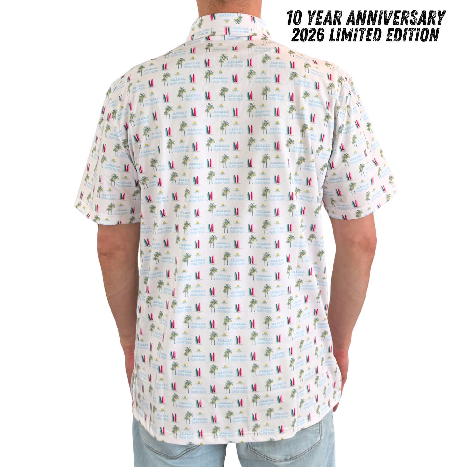Short-sleeve shirt with a pattern on a white background, featuring '10 Year Anniversary 2026 Limited Edition' text.