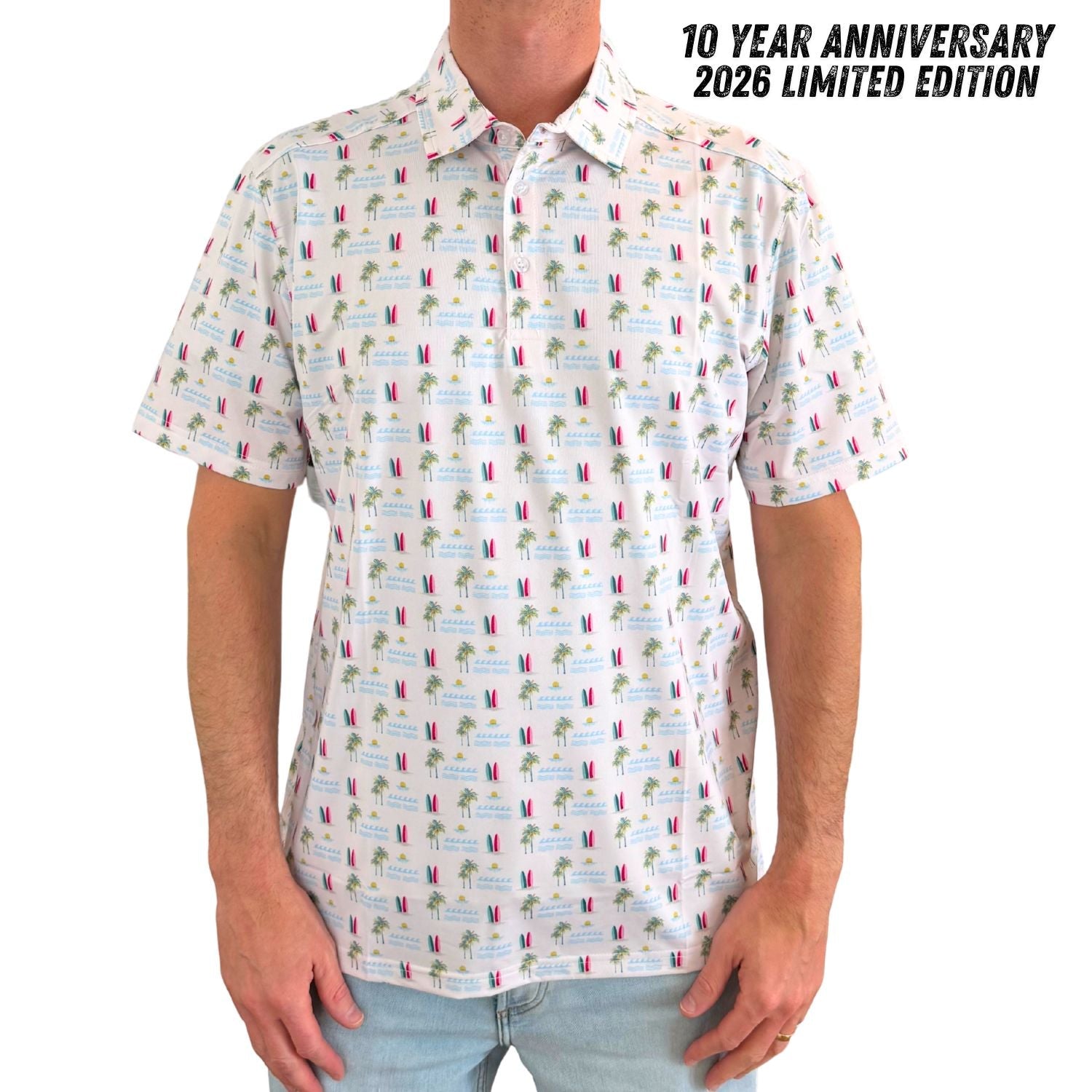 Person wearing a patterned shirt with '10 Year Anniversary 2026 Limited Edition' text.
