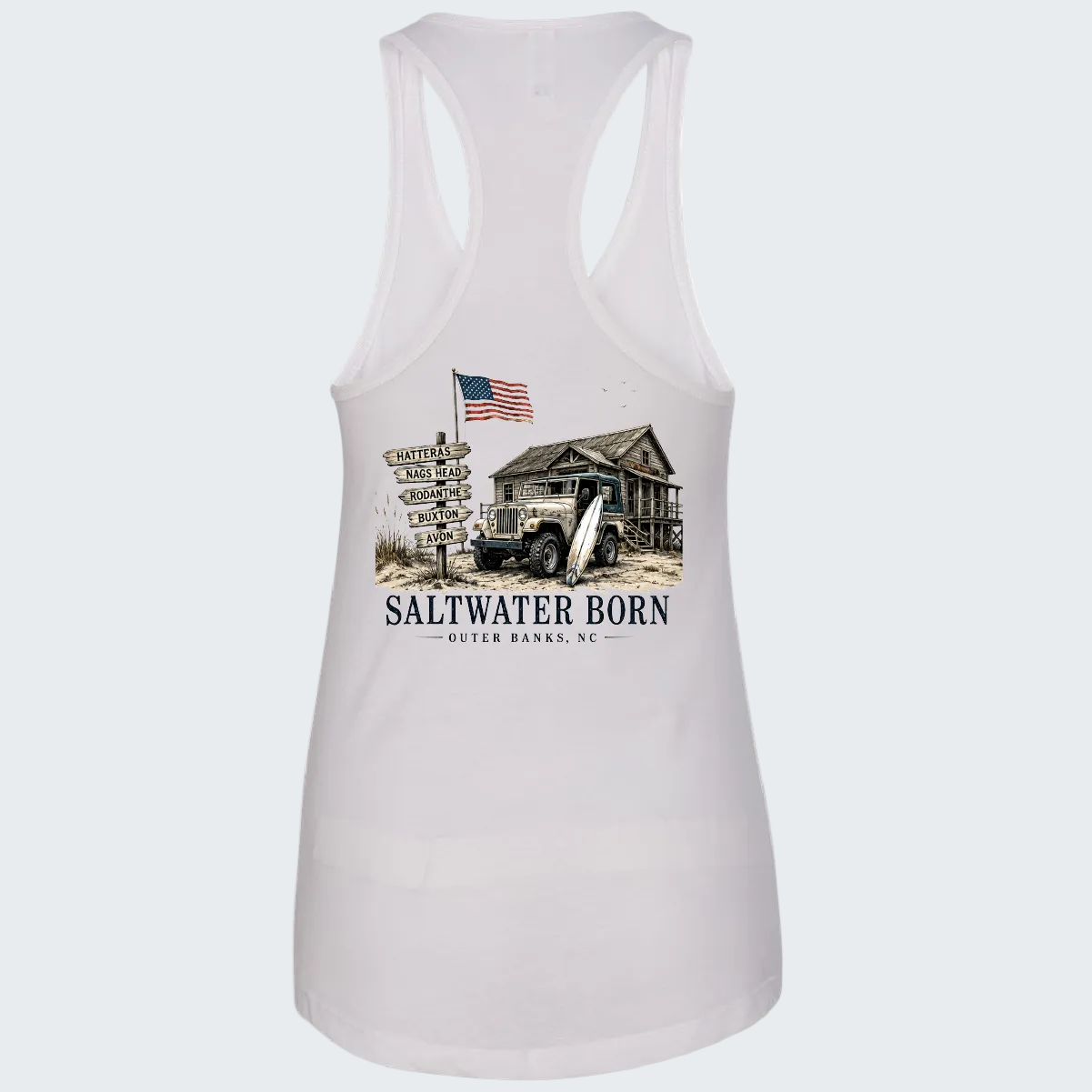 White racerback tank top featuring a vintage-style graphic print of a truck, a rustic cabin, an American flag, and the text 'SALTWATER BORN OUTER BANKS, NC'.