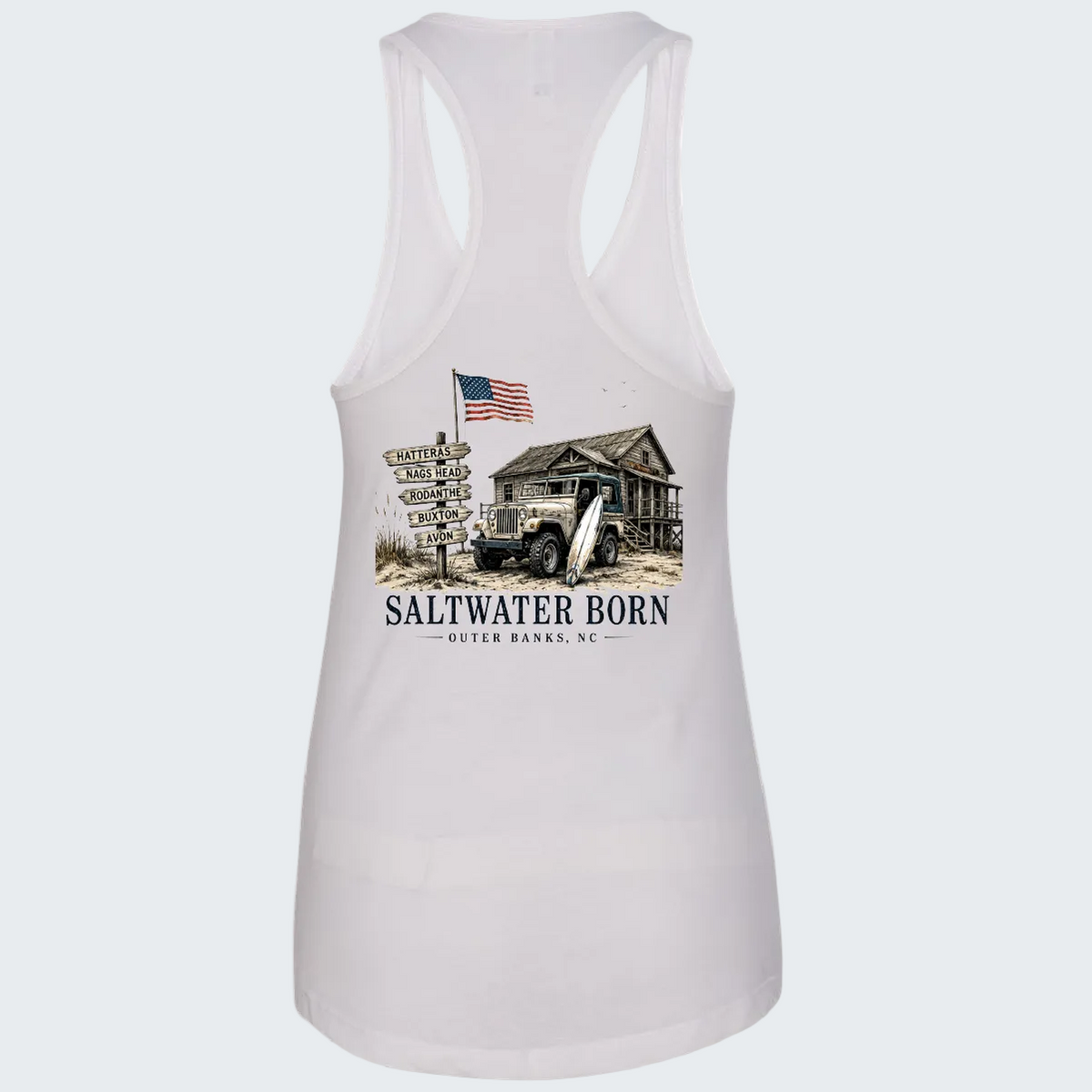 White racerback tank top featuring a vintage-style graphic print of a truck, a rustic cabin, an American flag, and the text 'SALTWATER BORN OUTER BANKS, NC'.