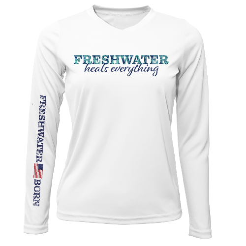 White long-sleeve shirt with 'Freshwater heals everything' text and graphics on a white background