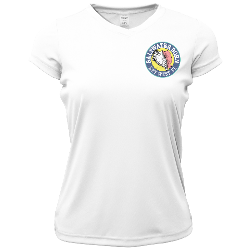 White t-shirt with a colorful logo on a white background