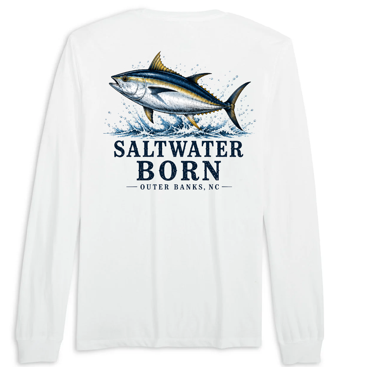 White long-sleeve t-shirt with a large graphic of a tuna fish jumping out of water, above the text 'SALTWATER BORN' and 'OUTER BANKS, NC'.