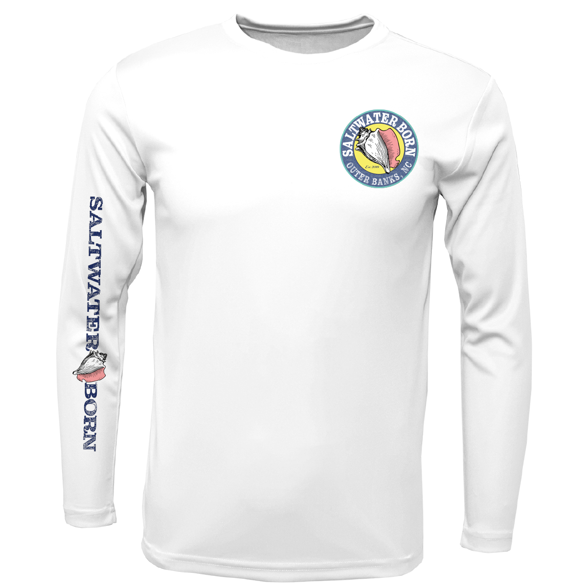 A white long-sleeve crewneck shirt with a circular 'Saltwater Born' logo on the left chest and vertical 'Saltwater Born' text with a fish graphic on the right sleeve, shown on a plain white background.