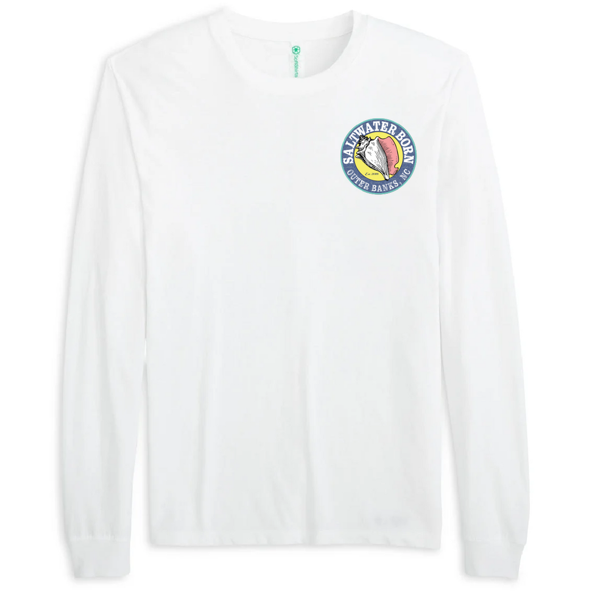 A white long-sleeve crewneck t-shirt featuring a circular 'All Water Fly Fishing Club' logo printed on the left chest.