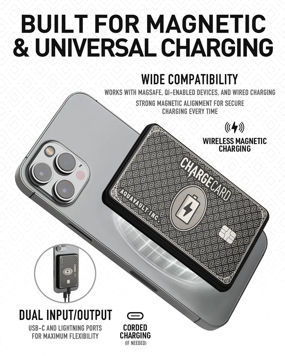 Magnetic charging card with smartphone on a white background