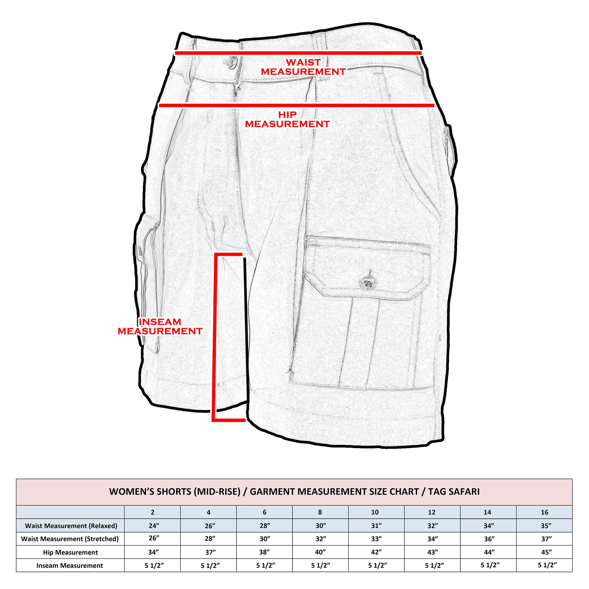 White shorts with measurement lines and a size chart on a white background
