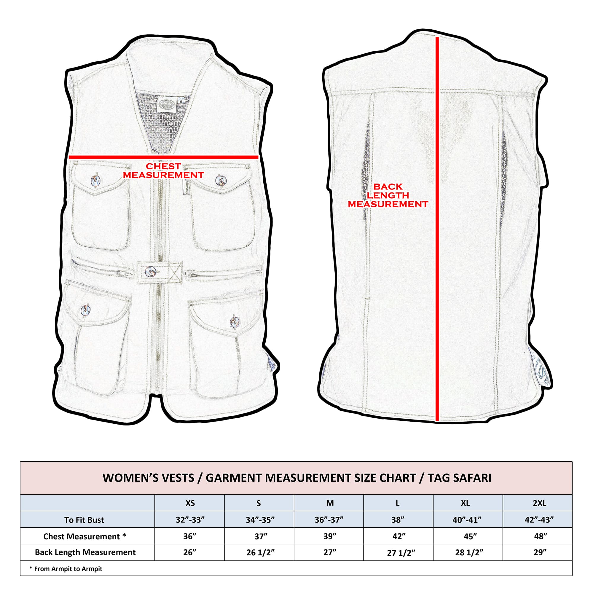 White vest with measurement lines and a size chart below on a white background
