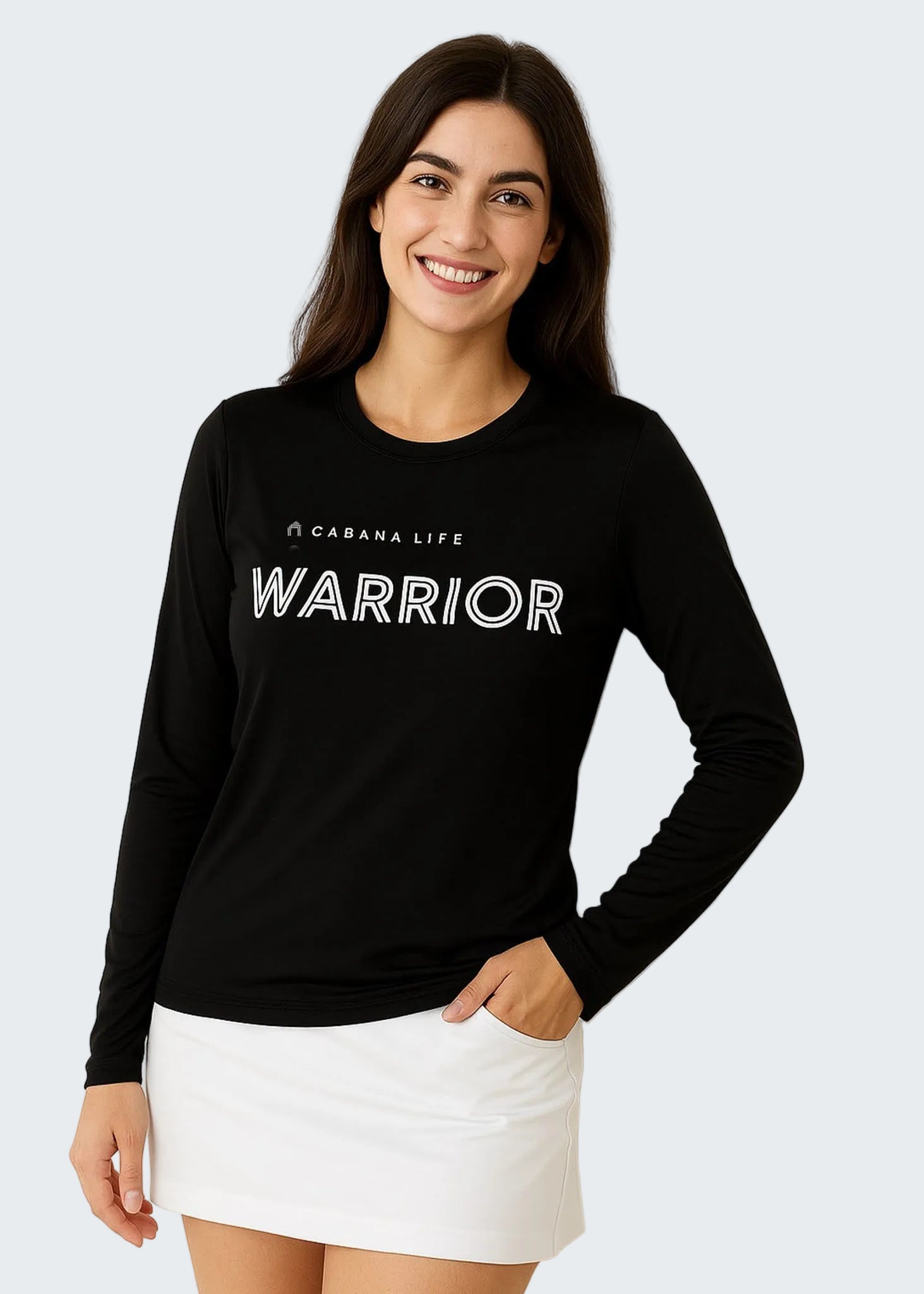 Woman wearing a black long-sleeve shirt with 'Warrior' text on a white background