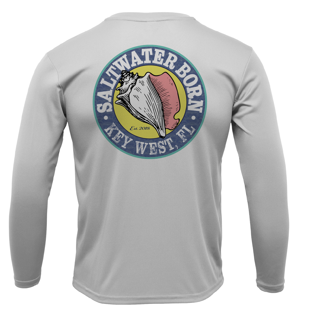Gray long-sleeve shirt with a colorful 'Saltwater Born' logo on the back, featuring a conch shell design.