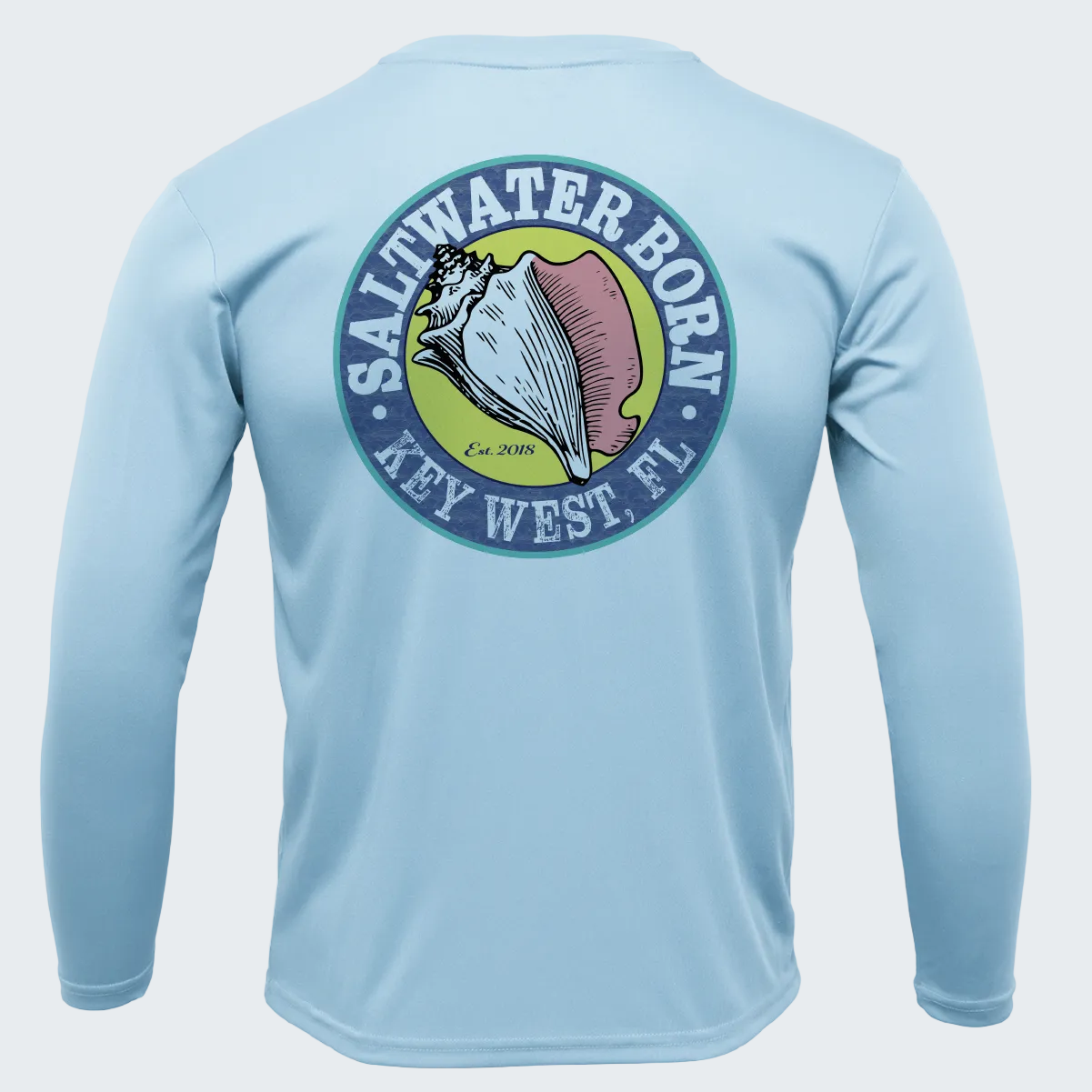 Light blue long-sleeve shirt with a shell graphic and text on the back, on a white background.