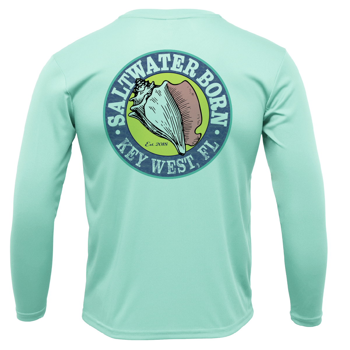 Light blue long-sleeve shirt with 'Saltwater Born Key West, FL' logo on a white background