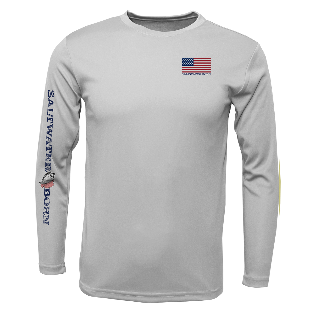 Gray long-sleeve shirt with American flag and 'Saltwater Born' text on a white background