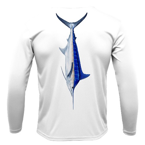 White long-sleeve shirt with a blue marlin graphic on a white background