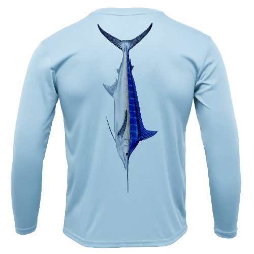 Light blue long-sleeve shirt with a fish design on the back against a white background