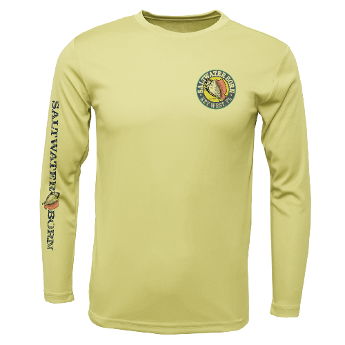 Yellow long-sleeve shirt with 'Saltwater Born' logo and text on a white background