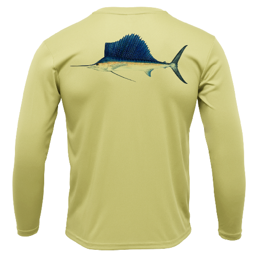 Long-sleeve shirt with a sailfish design on the back against a white background