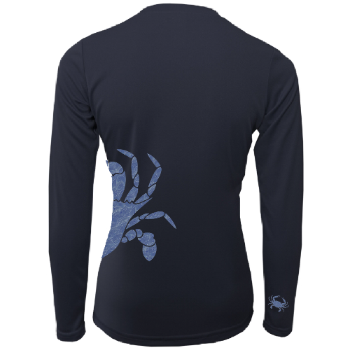 Black long-sleeve shirt with blue crab design on a white background