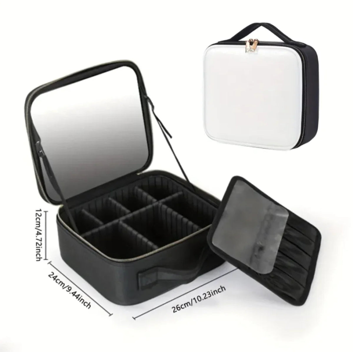 Black travel makeup case with mirror and compartments, shown open and closed, on a white background.