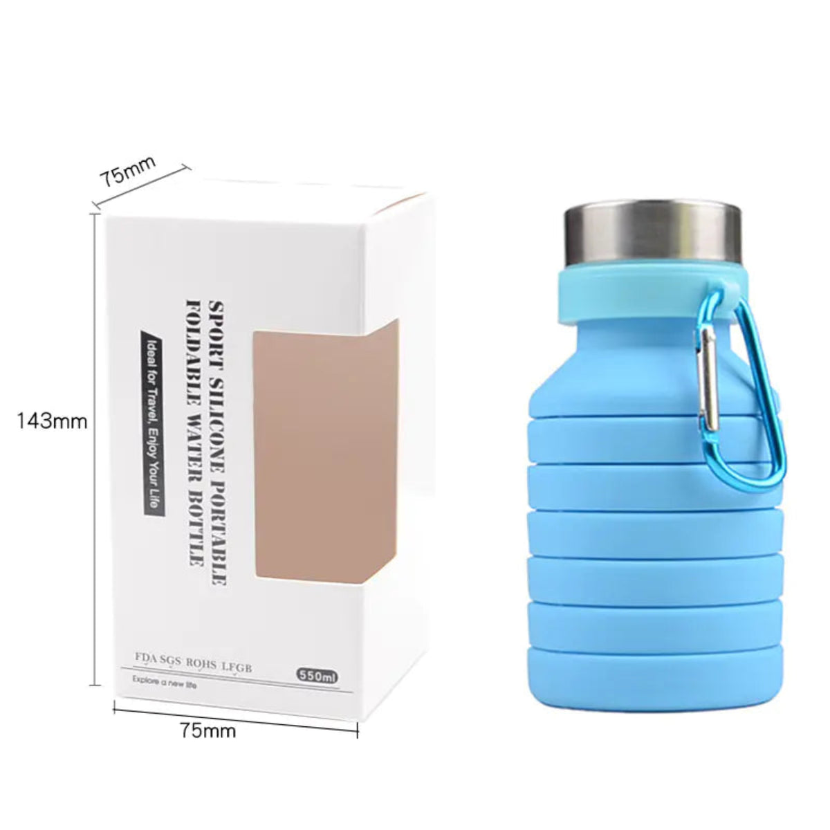 Collapsible water bottle with carabiner and packaging on a white background