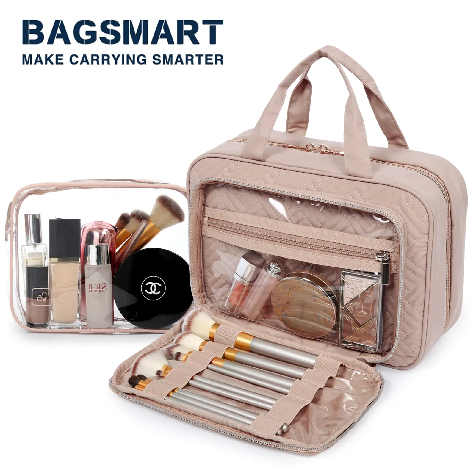 Makeup bag with cosmetic items and brushes, featuring the Bagsmart brand.
