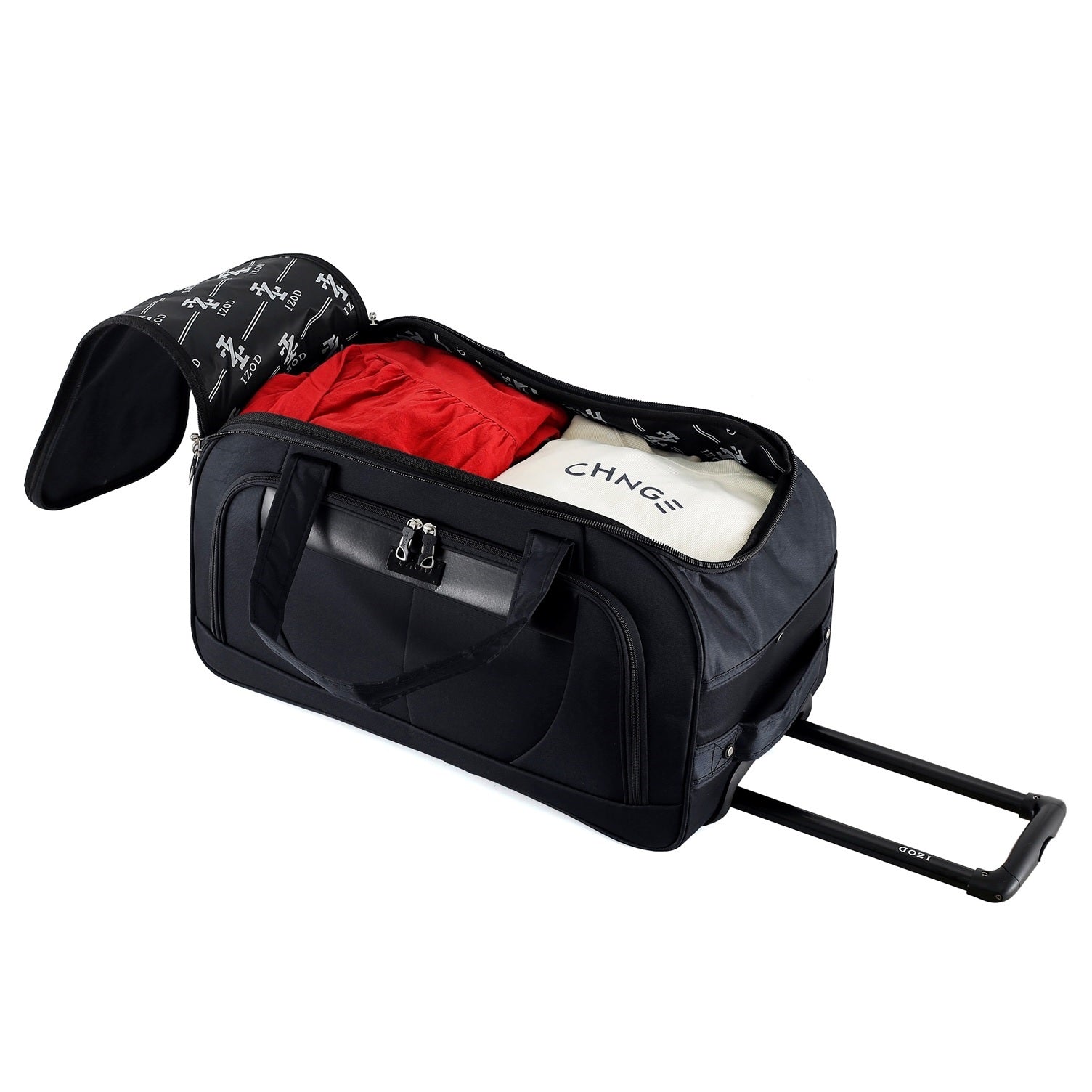 Black duffel bag with wheels containing red and white items on a white background