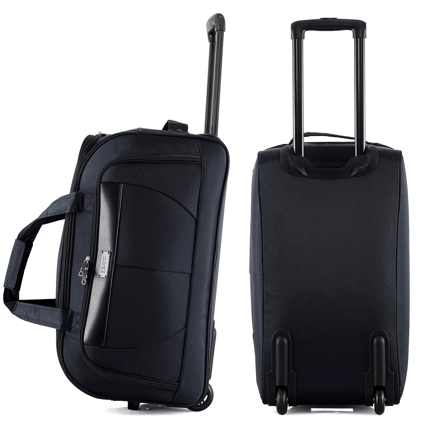 Black suitcase shown from two angles on a white background