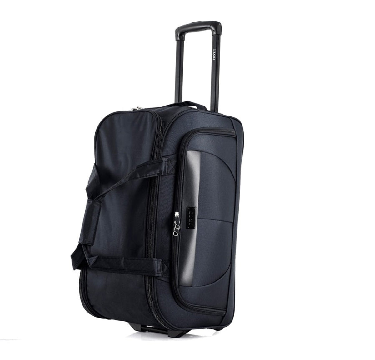 Black rolling suitcase on a white background