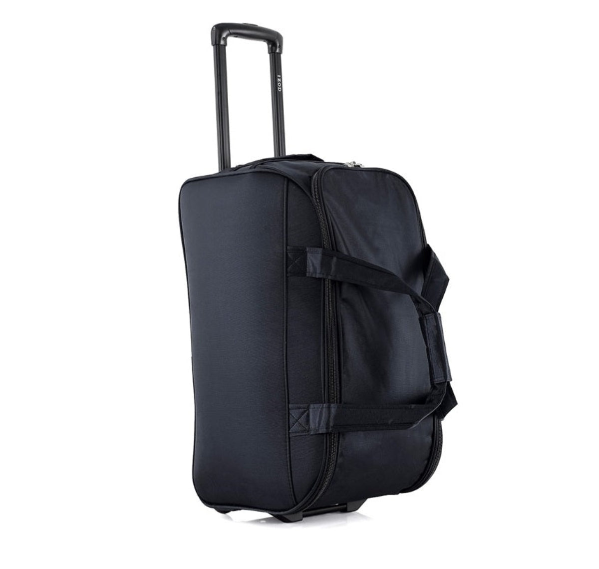 Black rolling suitcase on a white background