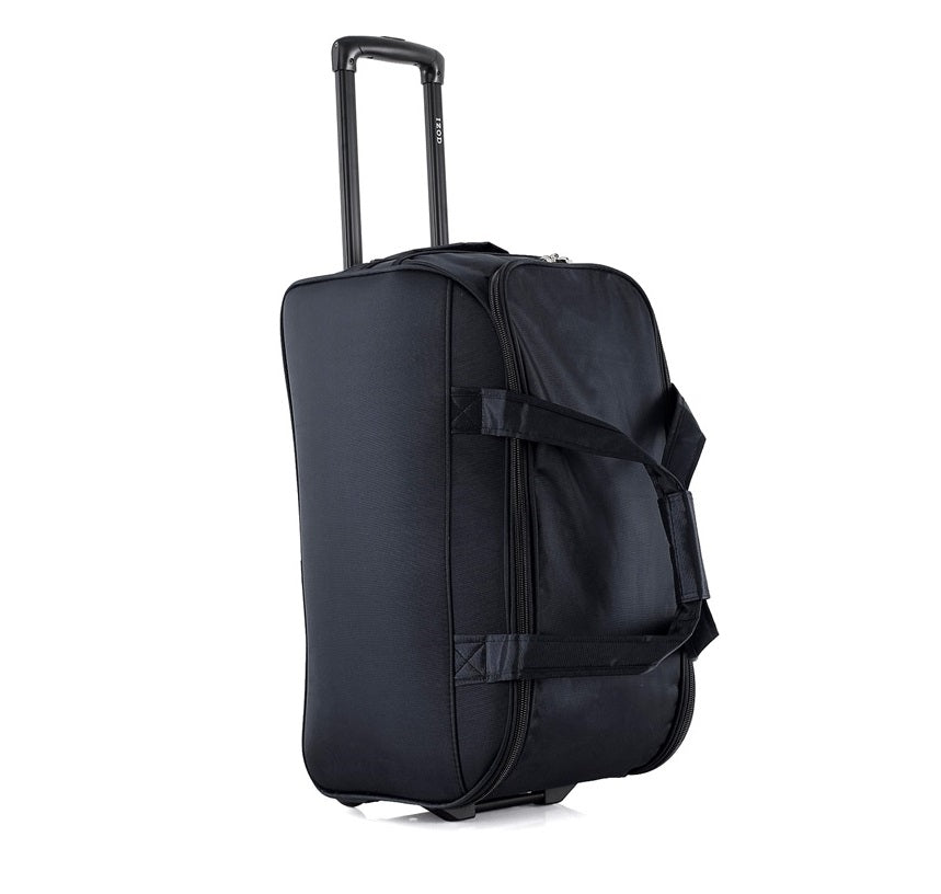 Black rolling suitcase on a white background